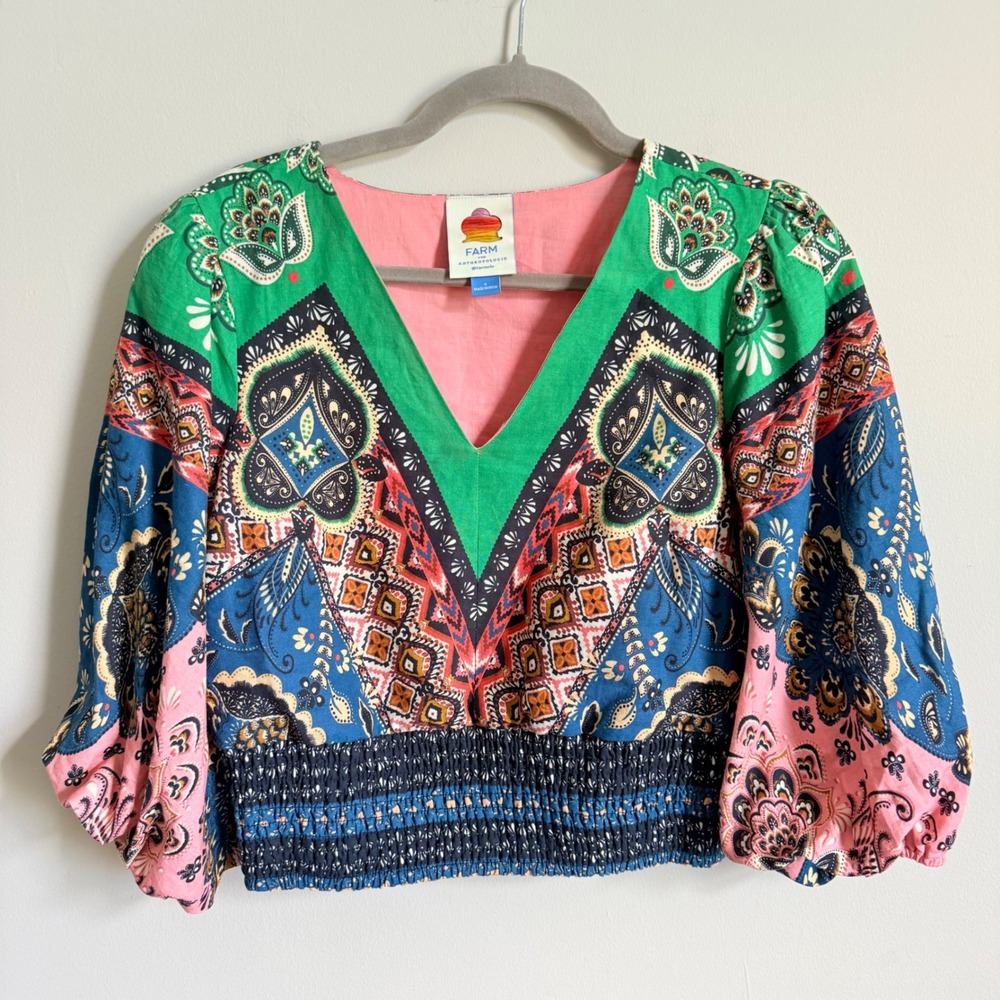 Farm Rio for Anthropologie Deep-V PuffSleeve Top Boho Print Smocked Blouse Small - Picture 4 of 8